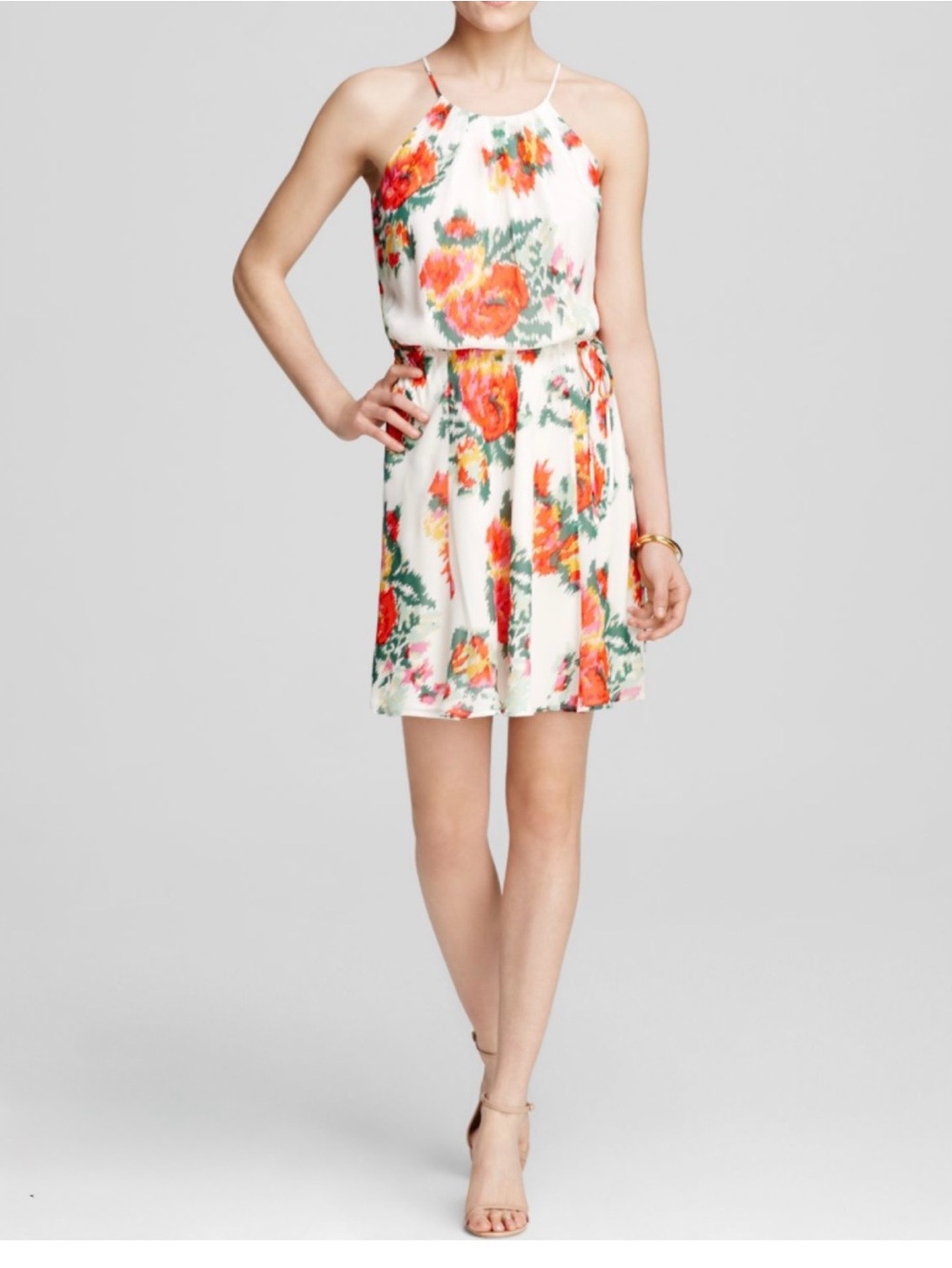 Joie White Halter Dress with Orange Floral Print